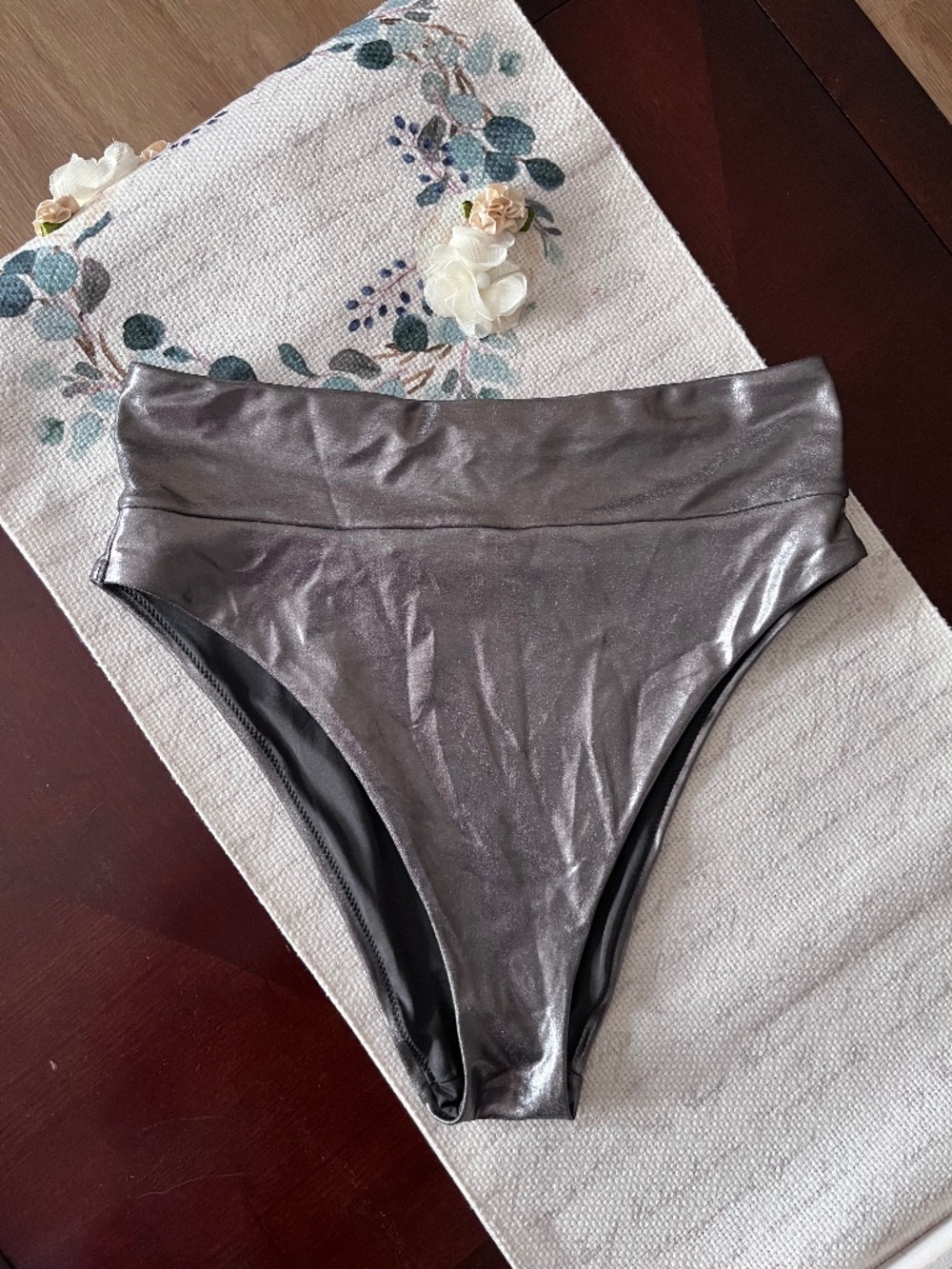 Aerie Metallic Silver High Waisted Cheeky Bikini Bottom/Size Medium